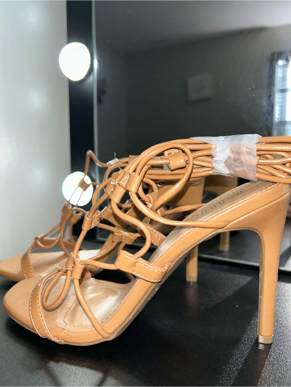 Rouge Helium Tan and White Strappy High Heel Sandals